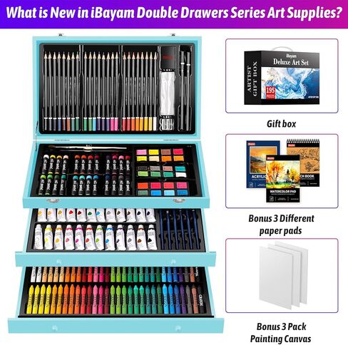 iBayam Art Supplies، مجموعة فنية فاخرة مع 2 لوحة رسم A4، 1 كتاب تلوين، 24 طلاء أكريليك، قماش، أقلام تلوين، أقلام ملونة، صندوق هدايا إبداعي للمبتدئين الفنانين البالغين (أزرق معكرون) in Kuwait
