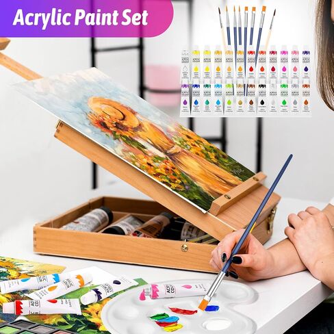 iBayam Art Supplies، مجموعة فنية فاخرة مع 2 لوحة رسم A4، 1 كتاب تلوين، 24 طلاء أكريليك، قماش، أقلام تلوين، أقلام ملونة، صندوق هدايا إبداعي للمبتدئين الفنانين البالغين (أزرق معكرون) in Kuwait