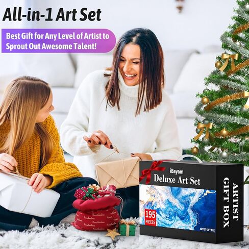 iBayam Art Supplies، مجموعة فنية فاخرة مع 2 لوحة رسم A4، 1 كتاب تلوين، 24 طلاء أكريليك، قماش، أقلام تلوين، أقلام ملونة، صندوق هدايا إبداعي للمبتدئين الفنانين البالغين (أزرق معكرون) in Kuwait