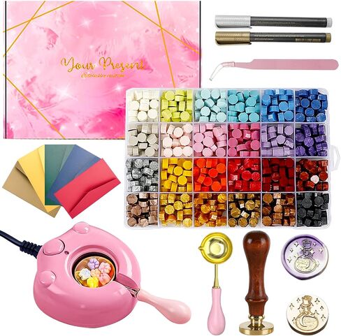 MONVICT Electric Wax Seal Stamp Kit with Pink Gift Box, Wax Seal Warmer, 624 Pcs Wax Seal Beads, Wax Seal Stamp, Wax Spoon, Wax Seal Pens, Envelopes, Tweezers, Gift for Kids Girls Crafter DIY in Saudi Arabia