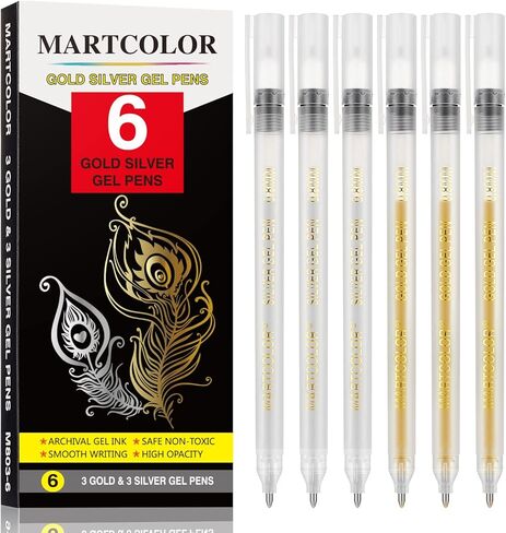 مارتكلر مجموعة اقلام جل معدنية ذهبية وفضية لامعة 0.8 ملم، اقلام حبر جل ارشيفية للفنانين، للرسم الورقي الاسود والرسم والتوضيح، عبوة من 6 قطع in Kuwait