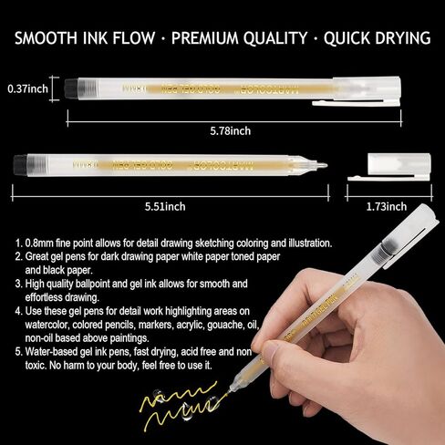 مارتكلر مجموعة اقلام جل معدنية ذهبية وفضية لامعة 0.8 ملم، اقلام حبر جل ارشيفية للفنانين، للرسم الورقي الاسود والرسم والتوضيح، عبوة من 6 قطع in Kuwait