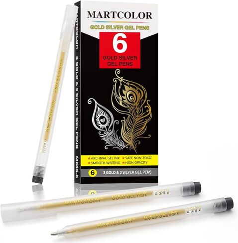 مارتكلر مجموعة اقلام جل معدنية ذهبية وفضية لامعة 0.8 ملم، اقلام حبر جل ارشيفية للفنانين، للرسم الورقي الاسود والرسم والتوضيح، عبوة من 6 قطع in Kuwait