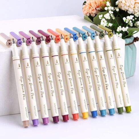 أقلام ألوان حبر مائية من WRITECH Arts Sign Brush Pen وفرشاة ذات طرف لباد و12 لونًا باستيلًا متنوعًا رائعة للحروف والمجلات والخط (طبيعي) in Kuwait