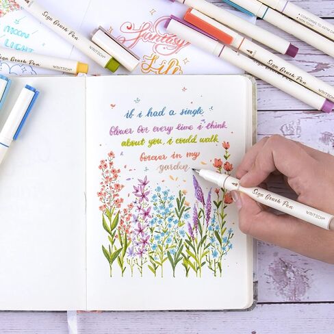 أقلام ألوان حبر مائية من WRITECH Arts Sign Brush Pen وفرشاة ذات طرف لباد و12 لونًا باستيلًا متنوعًا رائعة للحروف والمجلات والخط (طبيعي) in Kuwait