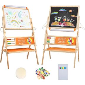 Adjustable Wooden Easel for Kids, Foldable Standing Art Easel for 3, 4, 5, 6, 7, 8 Years Old with Accessories, Drawing Painting Gifts for Boys & Girls Toddlers, Great Presents for Birthday