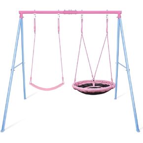 Kiriner Swing Set, 440lbs, Heavy-Duty A-Frame Metal Outdoor Swing Stand, 1 Saucer & 1 Wooden Swing seat for Playground, Backyard Pink