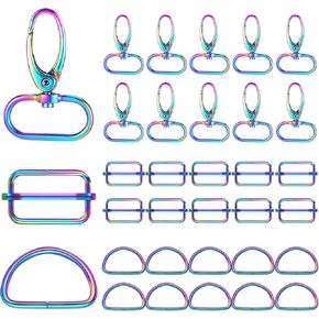 Tudomro 30 Pieces Rainbow Swivel Hook Claw Clasp 10 pcs Key Chain Swivel Hook 10 pcs D Rings and Tri Glide Slide Buckle