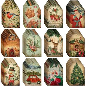 60 Pcs Vintage Christmas Tags for Gifts Merry Christmas Labels with String Holiday Presents Tags for Xmas Gift Tags with Ribbon for Home Decor Gift Wrapping Holiday Presents Package (Retro Style) in Kuwait