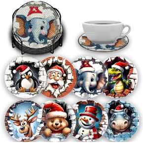 Denylo pro 8 Pcs Christmas Diamond Painting Coasters Kits with Holder DIY Christmas Diamond Art Coaster Non Slip Coaster for Adults Xmas Holiday Diamond Painting Kits Supplies for Christmas Gift