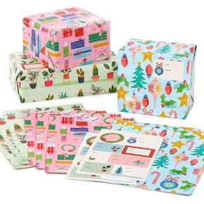 Hallmark Cute Christmas Flat Wrapping Paper Sheets with Cutlines on Reverse (12 Folded Sheets with Sticker Gift Tags) Pink, Mint Green, Plants, Cactus, Presents, Ornaments