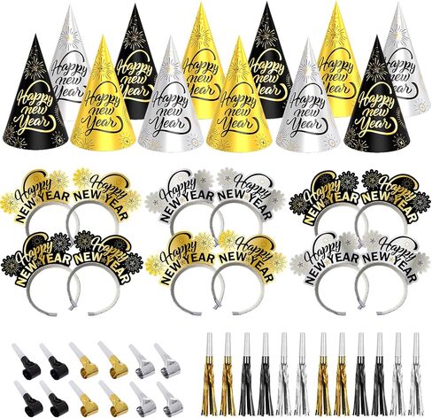 48 قطعة من لوازم حفلات ليلة رأس السنة الجديدة من ديكولايف 2024 تخدم 24 قطعة، عصابات رأس تيارا، قبعات مخروطية، أدوات صنع الضوضاء متضمنة، ديكورات سنة جديدة سعيدة للأطفال والكبار in Kuwait