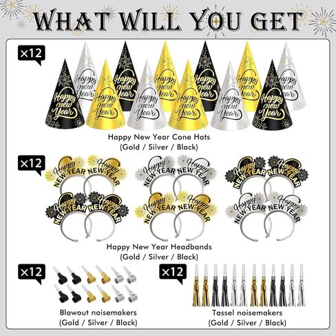 48 قطعة من لوازم حفلات ليلة رأس السنة الجديدة من ديكولايف 2024 تخدم 24 قطعة، عصابات رأس تيارا، قبعات مخروطية، أدوات صنع الضوضاء متضمنة، ديكورات سنة جديدة سعيدة للأطفال والكبار in Kuwait