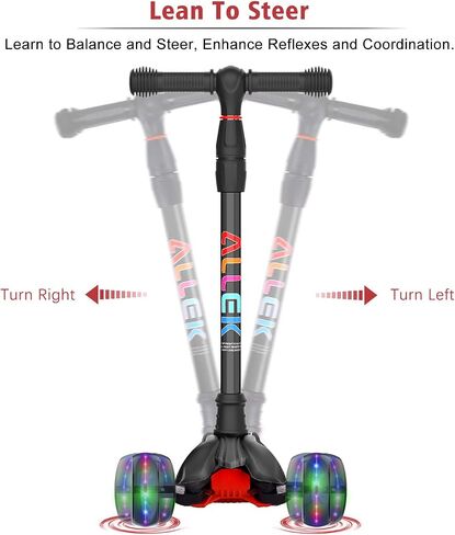 سكوتر Allek Kick B02، سكوتر Lean 'N Glide مع عجلات مضيئة واسعة جدًا من البولي يوريثان و4 ارتفاعات قابلة للتعديل للأطفال من سن 3 إلى 12 عامًا (أسود) in Kuwait