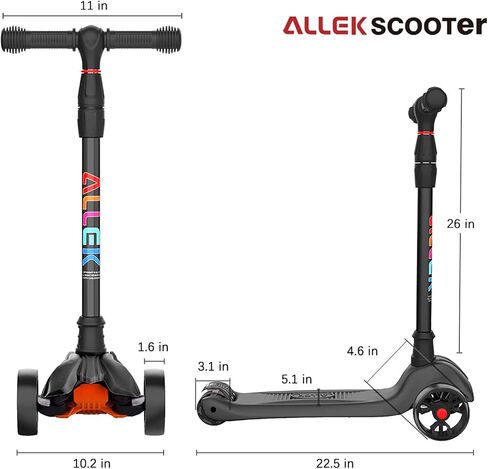 سكوتر Allek Kick B02، سكوتر Lean 'N Glide مع عجلات مضيئة واسعة جدًا من البولي يوريثان و4 ارتفاعات قابلة للتعديل للأطفال من سن 3 إلى 12 عامًا (أسود) in Kuwait