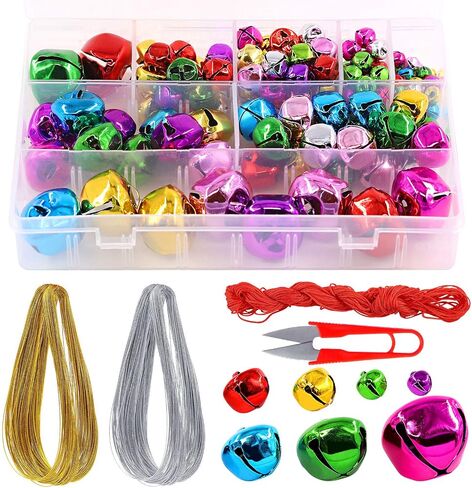 Swpeet 154Pcs Colorful 8mm-30mm Big Sizes Christmas Jingle Bells Assortment Kit with 225m 3 Colors Cord, Jingle Bells and Craft Bells Perfect for Christmas Party Decorations Craft in Saudi Arabia
