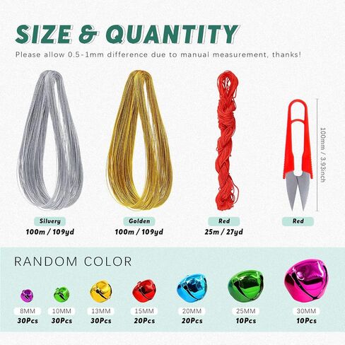Swpeet 154Pcs Colorful 8mm-30mm Big Sizes Christmas Jingle Bells Assortment Kit with 225m 3 Colors Cord, Jingle Bells and Craft Bells Perfect for Christmas Party Decorations Craft in Saudi Arabia