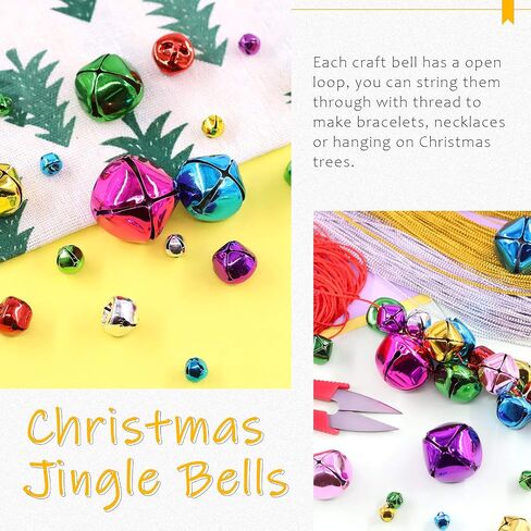Swpeet 154Pcs Colorful 8mm-30mm Big Sizes Christmas Jingle Bells Assortment Kit with 225m 3 Colors Cord, Jingle Bells and Craft Bells Perfect for Christmas Party Decorations Craft in Saudi Arabia