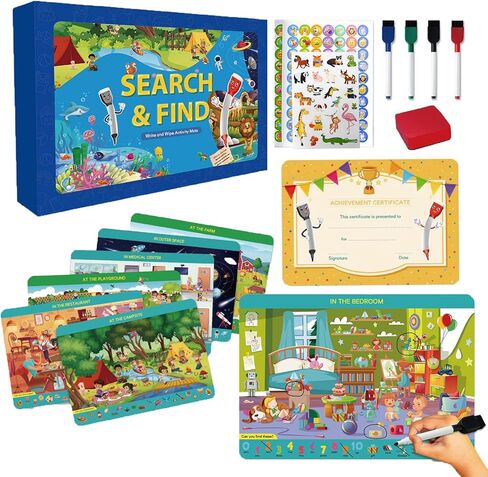Pajojoqa ابحث وابحث عن كتب للأطفال 4-6 2-4 6-8، كتاب مشغول قابل لإعادة الاستخدام للأطفال الصغار، ابحث عن الصور المخفية، بطاقات تحدد الاختلافات، كتاب اللوحة، كتاب ملصقات جيلي مع جائزة ملصقات ممحاة القلم in Kuwait