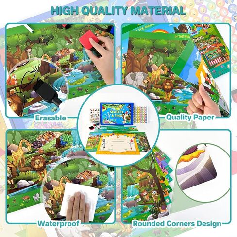 Pajojoqa ابحث وابحث عن كتب للأطفال 4-6 2-4 6-8، كتاب مشغول قابل لإعادة الاستخدام للأطفال الصغار، ابحث عن الصور المخفية، بطاقات تحدد الاختلافات، كتاب اللوحة، كتاب ملصقات جيلي مع جائزة ملصقات ممحاة القلم in Kuwait
