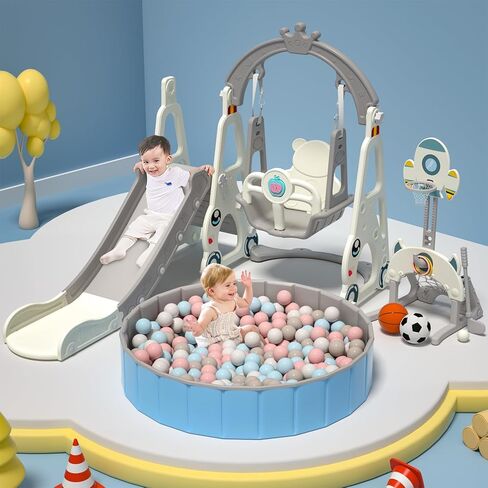 شريحة أطفال KEALIANA، شريحة أطفال 4 في 1 للأطفال الصغار من سن 1 إلى 3 سنوات، مجموعة لعب متسلقة للأطفال الصغار مع حوض سباحة، وحلقة كرة السلة، ورمي الحلقة، وملعب داخلي وخارجي للأطفال in Kuwait