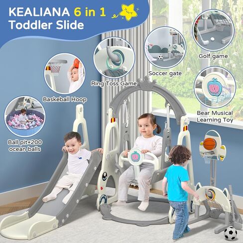 شريحة أطفال KEALIANA، شريحة أطفال 4 في 1 للأطفال الصغار من سن 1 إلى 3 سنوات، مجموعة لعب متسلقة للأطفال الصغار مع حوض سباحة، وحلقة كرة السلة، ورمي الحلقة، وملعب داخلي وخارجي للأطفال in Kuwait