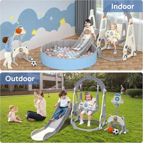 شريحة أطفال KEALIANA، شريحة أطفال 4 في 1 للأطفال الصغار من سن 1 إلى 3 سنوات، مجموعة لعب متسلقة للأطفال الصغار مع حوض سباحة، وحلقة كرة السلة، ورمي الحلقة، وملعب داخلي وخارجي للأطفال in Kuwait