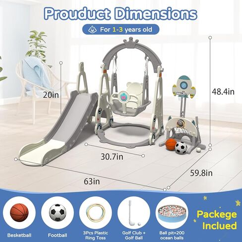 شريحة أطفال KEALIANA، شريحة أطفال 4 في 1 للأطفال الصغار من سن 1 إلى 3 سنوات، مجموعة لعب متسلقة للأطفال الصغار مع حوض سباحة، وحلقة كرة السلة، ورمي الحلقة، وملعب داخلي وخارجي للأطفال in Kuwait