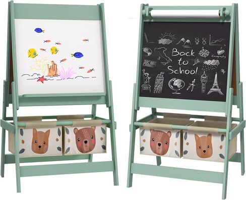 Qaba Art Easel for Kids with Paper Roll, 3 in 1 Toddler Painting Easel with Blackboard, Whiteboard, Storage Baskets, Green in Saudi Arabia