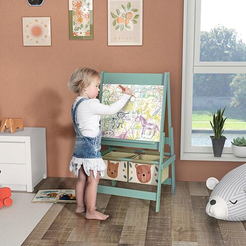 Qaba Art Easel for Kids with Paper Roll, 3 in 1 Toddler Painting Easel with Blackboard, Whiteboard, Storage Baskets, Green in Saudi Arabia