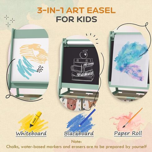 Qaba Art Easel for Kids with Paper Roll, 3 in 1 Toddler Painting Easel with Blackboard, Whiteboard, Storage Baskets, Green in Saudi Arabia