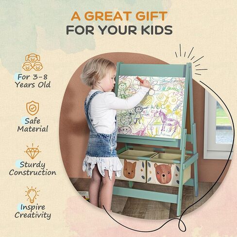 Qaba Art Easel for Kids with Paper Roll, 3 in 1 Toddler Painting Easel with Blackboard, Whiteboard, Storage Baskets, Green in Saudi Arabia