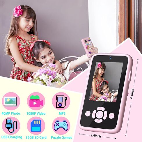 ANJUU Kids Camera Phone للفتيات، لعبة كاميرا سيلفي للأطفال، كاميرا فيديو للأطفال 1080P للأطفال الصغار، هدايا عيد الميلاد للأطفال من سن 3 إلى 8 سنوات مع بطاقة SD 32 جيجا - وردي in Kuwait