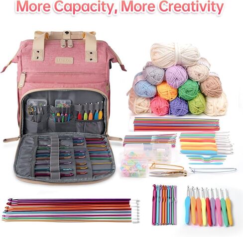 ELLESTAZ Knitting Bag Backpack, Crochet Bag Organizer, Large Yarn Crochet Project Bag with USB Port, Travel Yarn Storage Tote Holder for Knitting Needles Hooks Accessories, Gifts for Crocheters, Pink in Kuwait