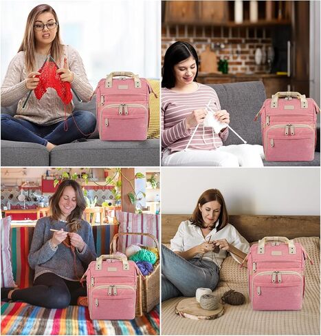 ELLESTAZ Knitting Bag Backpack, Crochet Bag Organizer, Large Yarn Crochet Project Bag with USB Port, Travel Yarn Storage Tote Holder for Knitting Needles Hooks Accessories, Gifts for Crocheters, Pink in Kuwait