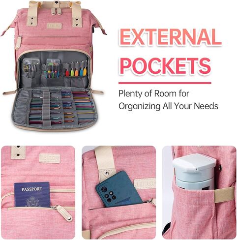 ELLESTAZ Knitting Bag Backpack, Crochet Bag Organizer, Large Yarn Crochet Project Bag with USB Port, Travel Yarn Storage Tote Holder for Knitting Needles Hooks Accessories, Gifts for Crocheters, Pink in Kuwait