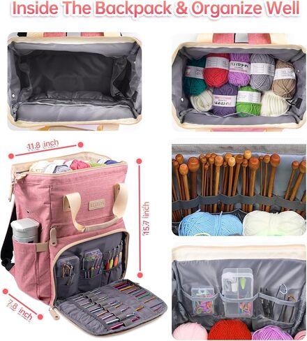 ELLESTAZ Knitting Bag Backpack, Crochet Bag Organizer, Large Yarn Crochet Project Bag with USB Port, Travel Yarn Storage Tote Holder for Knitting Needles Hooks Accessories, Gifts for Crocheters, Pink in Kuwait