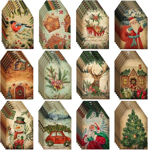 60 Pcs Vintage Christmas Tags for Gifts Merry Christmas Labels with String Holiday Presents Tags for Xmas Gift Tags with Ribbon for Home Decor Gift Wrapping Holiday Presents Package (Retro Style) in Kuwait