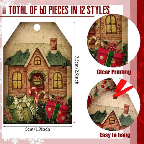 60 Pcs Vintage Christmas Tags for Gifts Merry Christmas Labels with String Holiday Presents Tags for Xmas Gift Tags with Ribbon for Home Decor Gift Wrapping Holiday Presents Package (Retro Style) in Kuwait