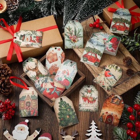 60 Pcs Vintage Christmas Tags for Gifts Merry Christmas Labels with String Holiday Presents Tags for Xmas Gift Tags with Ribbon for Home Decor Gift Wrapping Holiday Presents Package (Retro Style) in Kuwait