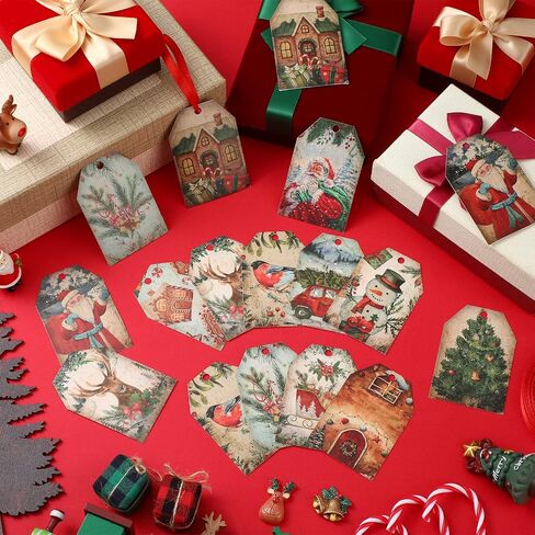 60 Pcs Vintage Christmas Tags for Gifts Merry Christmas Labels with String Holiday Presents Tags for Xmas Gift Tags with Ribbon for Home Decor Gift Wrapping Holiday Presents Package (Retro Style) in Kuwait