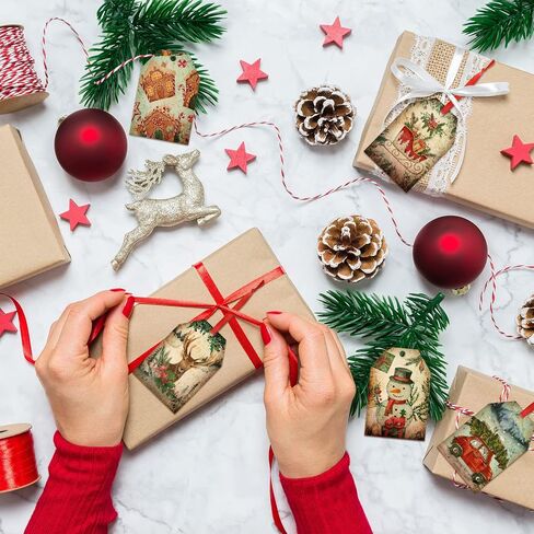 60 Pcs Vintage Christmas Tags for Gifts Merry Christmas Labels with String Holiday Presents Tags for Xmas Gift Tags with Ribbon for Home Decor Gift Wrapping Holiday Presents Package (Retro Style) in Kuwait
