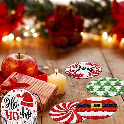 Denylo pro 8 Pcs Christmas Diamond Painting Coasters Kits with Holder DIY Christmas Diamond Art Coaster Non Slip Coaster for Adults Xmas Holiday Diamond Painting Kits Supplies for Christmas Gift in Kuwait