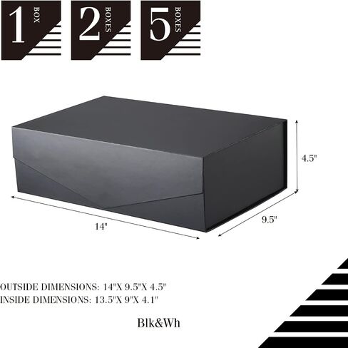 صندوق هدايا BLK&WH مقاس 13.5 × 9 × 4.1 بوصة، صندوق هدايا كبير بغطاء، صندوق هدايا أسود، صندوق العريس، صندوق هدايا قابل للطي بغطاء مغناطيسي (أسود غير لامع) in Kuwait