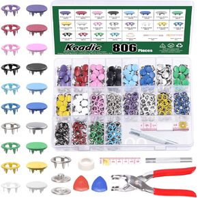 Keadic 806Pcs Metal Snaps Buttons with Setting Pliers Press Tool Kit, 10 Colors Hollow and Solid Metal Prong Buttons with Plastic Storage Case for DIY Clothing Crafting Sewing (9.5mm) in Kuwait