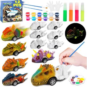 12 Pack Dinosaur Car Toys for Kids- Glow in the Dark DIY Dinosaurs Painting Kits,Pull Back Cars Toys for Boys Toddlers Girls, Arts and Crafts for Kids Ages 6-8, Ideal Christmas Birthday Gifts for Kids in Kuwait