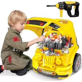 Deejoy Large Truck Engine Toy, Big Truck Builder Kit for Toddlers 3-5, Kids Mechanic Repair Set, Removable Engine Workshop with Light and Sound,Engine Build Kit 15.3x18.7inch(Yellow)