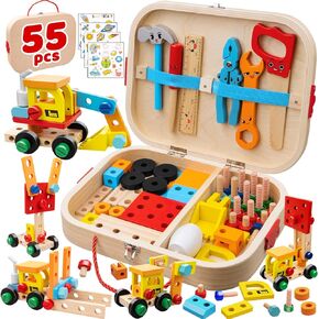 Goodfuns Kids Tool Set for Toddlers, 55 Pcs Wooden Building Kit with Tool Box, Educational STEM Construction Learning Toys, Kids Tool Sets Toys for 3 4 5 6 7 8 9 10 Year Old Boys Girls Birthday Gift