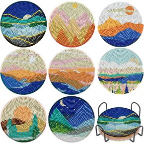 8 Pcs DIY Ocean Art Painting Coasters Set with Holder, Marine Life Designs for Adults & Kids, Diamond Art Craft Supplies