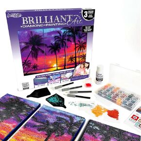 ArtSkills Diamond Painting Kit, Diamond Art Ready to Hang Framed Canvas with Storage and Accessory Kit, Beach, 3 Stretched Canvas Panels, 14" x 7" Each